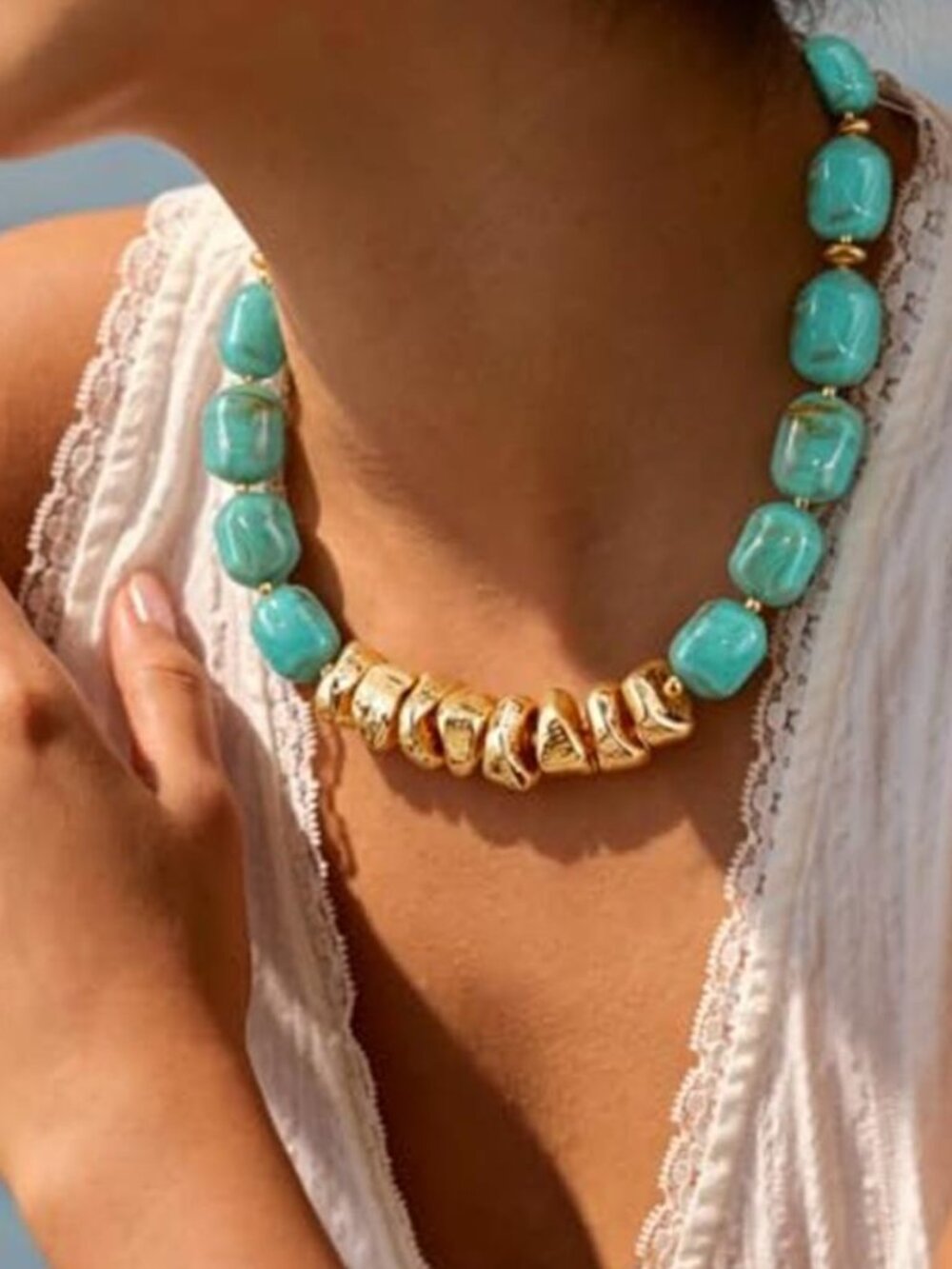 Turquoise Tone Gold Tone Chunky Beaded Boho Statement Necklace